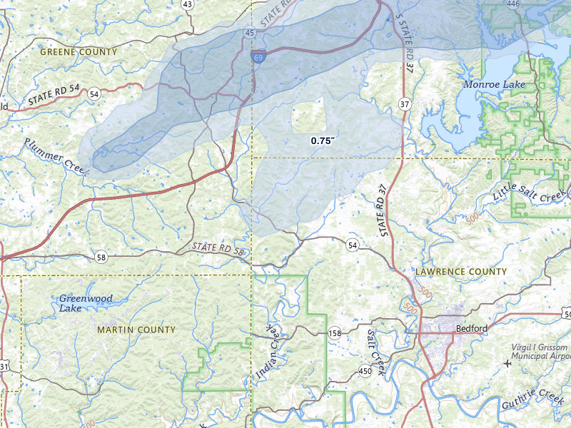 NEXRAD radar-signature map of the hail storm over Springville, IN on May 15, 2026
