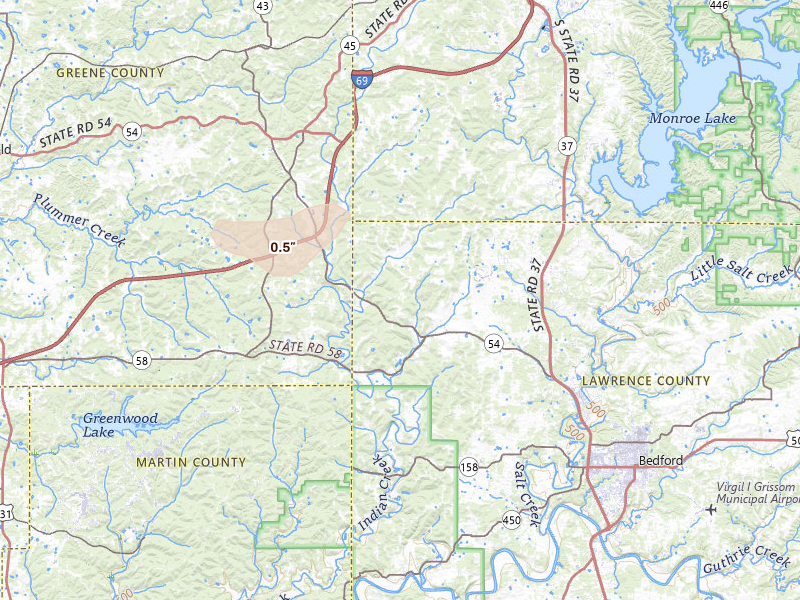 Radar-estimated hail-size map of the storm over Springville, IN on May 19, 2026