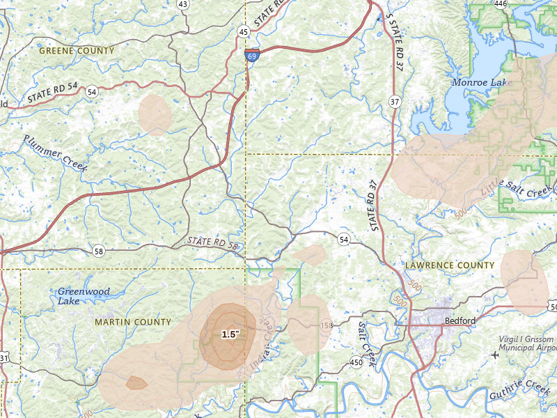 Radar-estimated hail-size map of the storm over Springville, IN on Jul 3, 2026