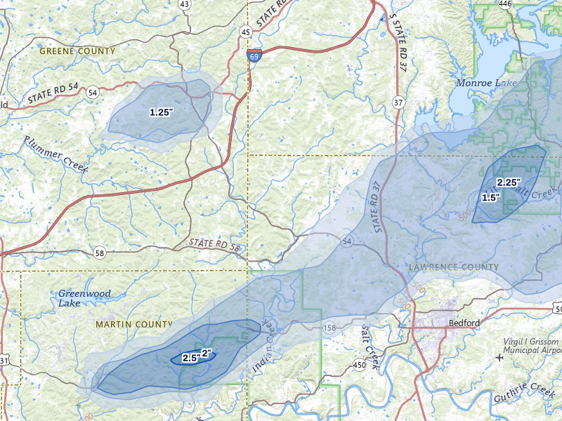 NEXRAD radar-signature map of the hail storm over Springville, IN on Jul 3, 2026