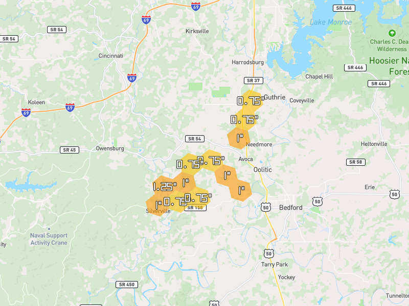 Hail map of Springville, IN on Jul 3, 2026, hail up to 1.25"
