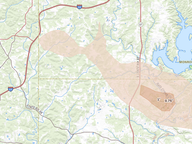 Radar-estimated hail-size map of the storm over Springville, IN on Aug 11, 2026