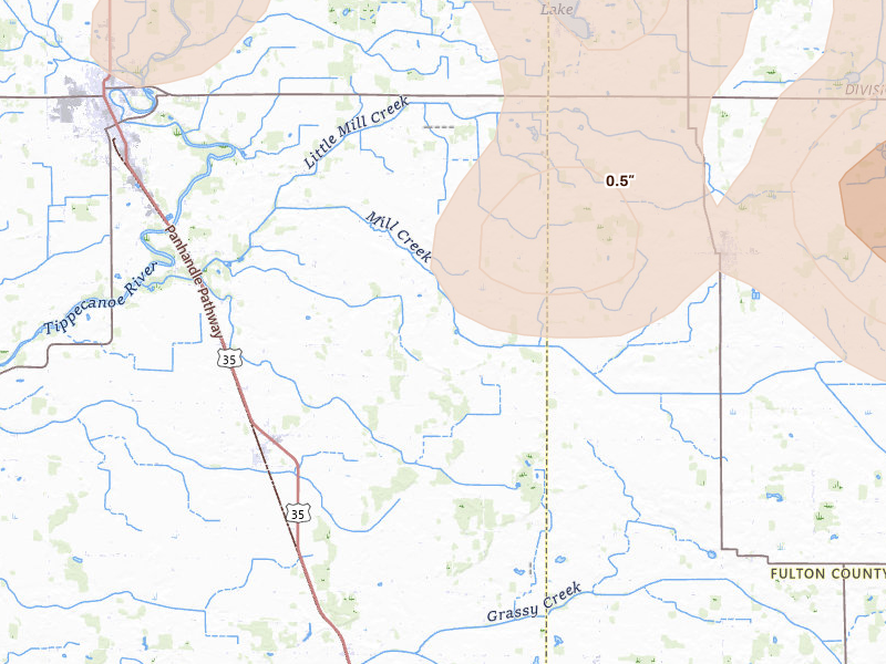 Radar-estimated hail-size map of the storm over Star City, IN on Mar 26, 2026