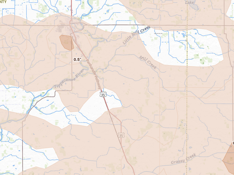 Radar-estimated hail-size map of the storm over Star City, IN on Aug 10, 2026
