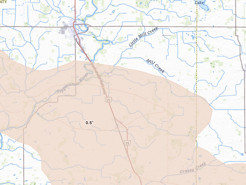 Radar-estimated hail-size map of the storm over Star City, IN on Aug 11, 2026