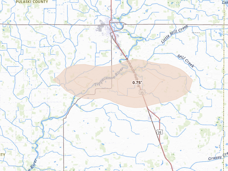 Radar-estimated hail-size map of the storm over Star City, IN on Aug 26, 2026