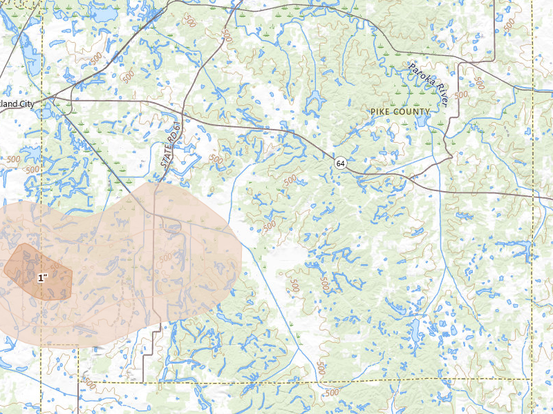 Radar-estimated hail-size map of the storm over Stendal, IN on Jul 3, 2026