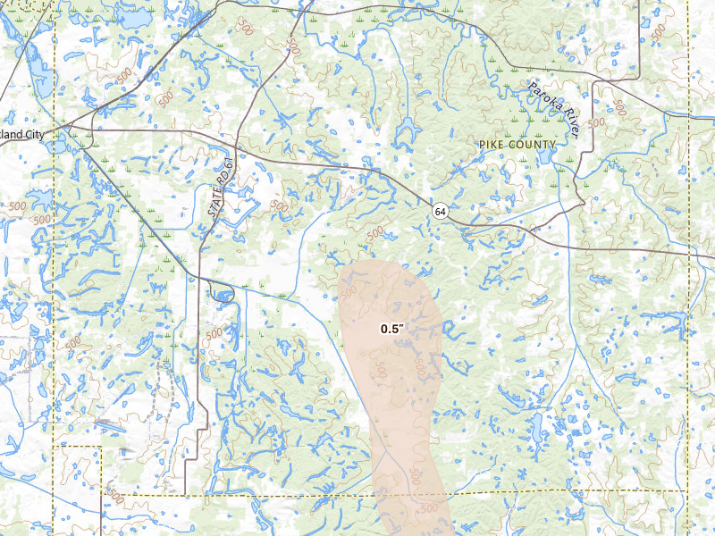 Radar-estimated hail-size map of the storm over Stendal, IN on Jul 26, 2026