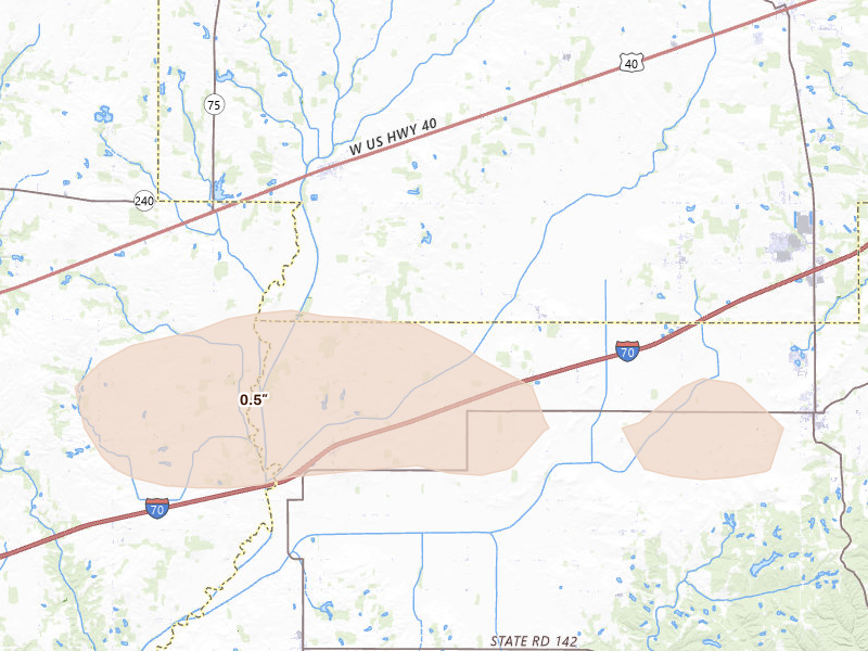 Radar-estimated hail-size map of the storm over Stilesville, IN on Mar 22, 2026
