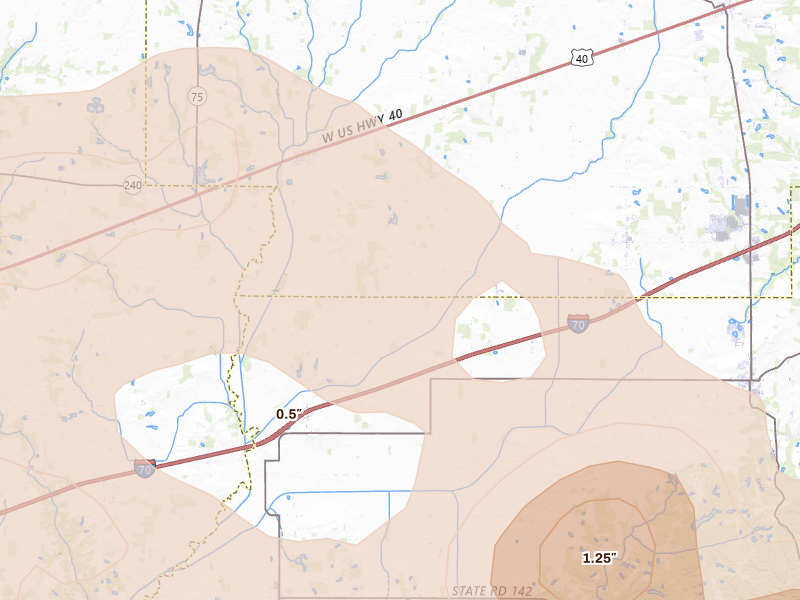 Radar-estimated hail-size map of the storm over Stilesville, IN on Aug 11, 2026