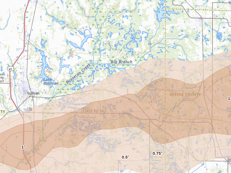 Radar-estimated hail-size map of the storm over Sullivan, IN on Feb 19, 2026