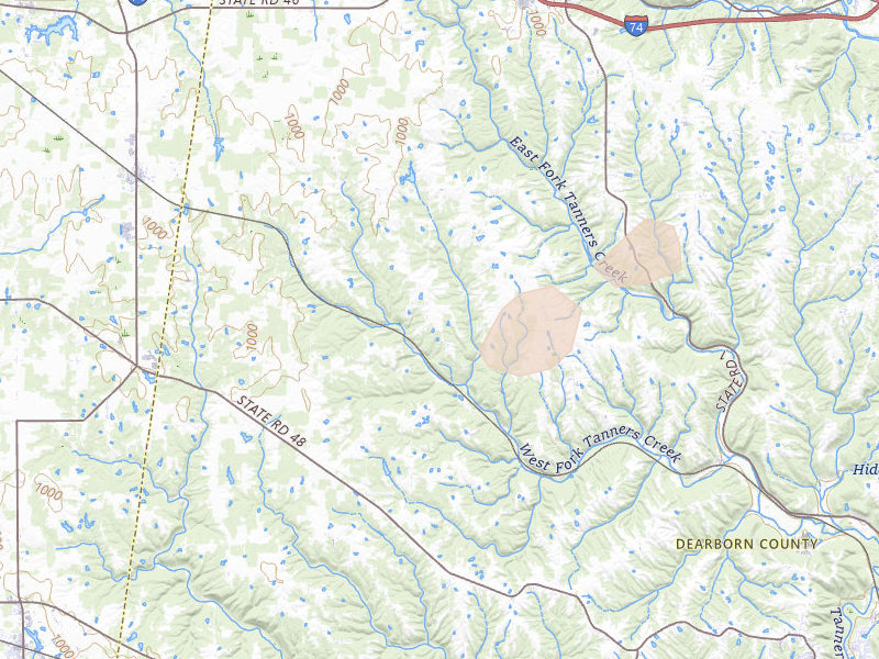 Radar-estimated hail-size map of the storm over Sunman, IN on Aug 7, 2026