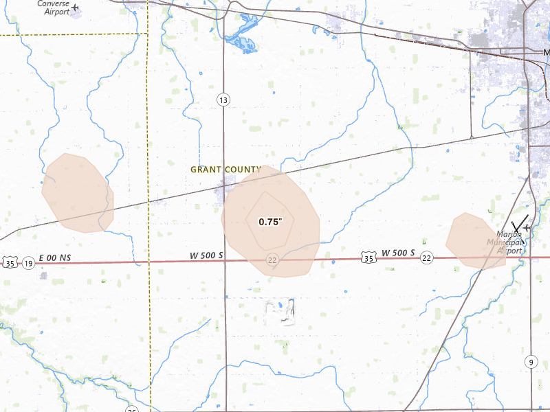 Radar-estimated hail-size map of the storm over Swayzee, IN on Mar 26, 2026