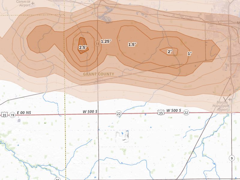 Radar-estimated hail-size map of the storm over Swayzee, IN
