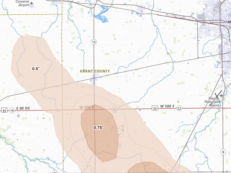 Radar-estimated hail-size map of the storm over Swayzee, IN on Aug 13, 2026