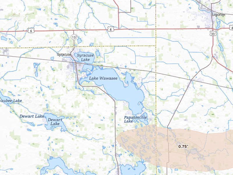 Radar-estimated hail-size map of the storm over Syracuse, IN on Apr 22, 2026