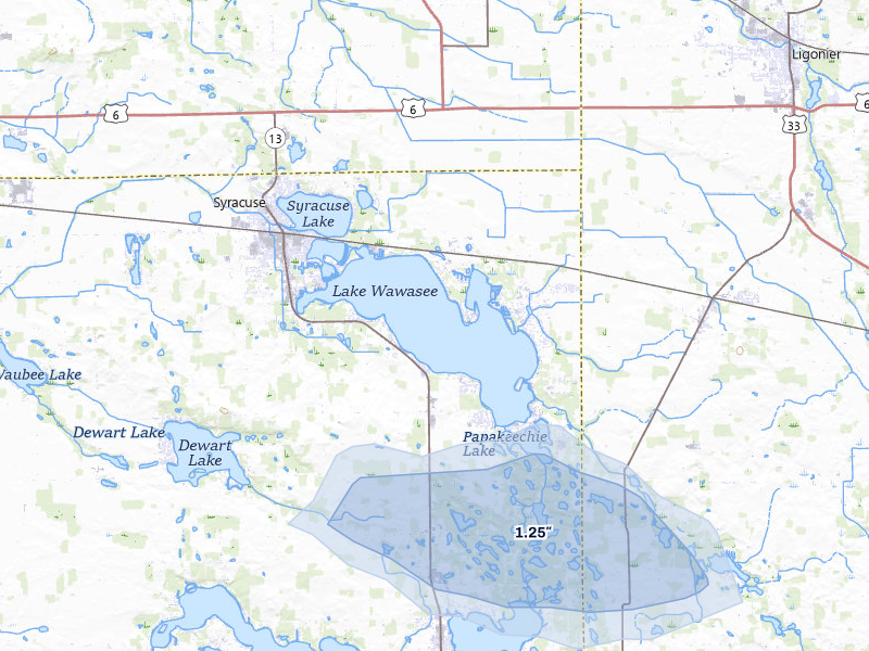 NEXRAD radar-signature map of the hail storm over Syracuse, IN on Apr 22, 2026