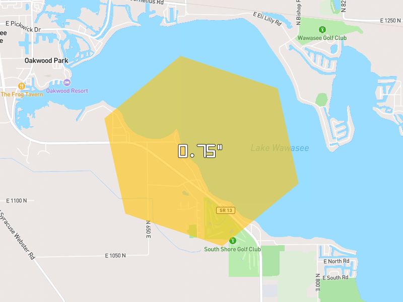 Hail map of Syracuse, IN on Jun 6, 2026, hail up to 0.75"