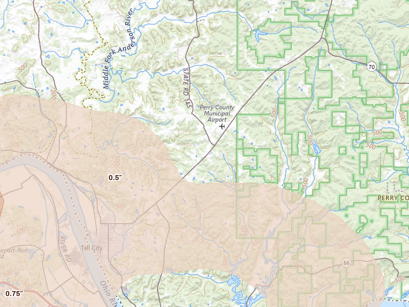 Radar-estimated hail-size map of the storm over Tell City, IN on Aug 12, 2026
