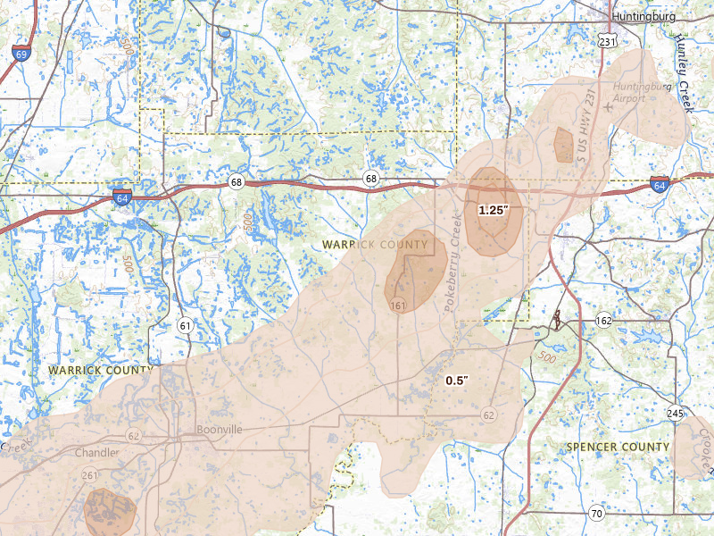 Radar-estimated hail-size map of the storm over Tennyson, IN on Apr 27, 2026
