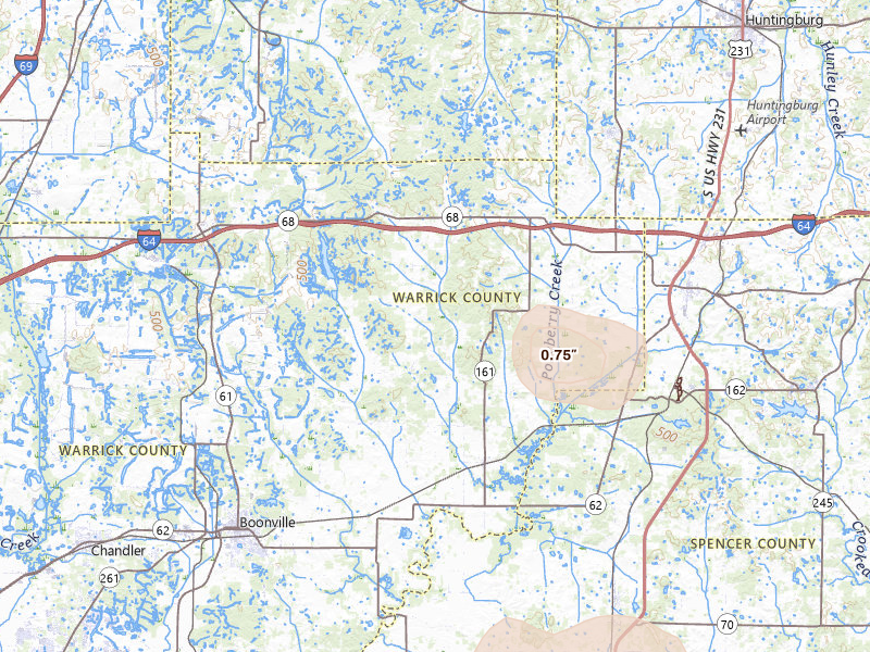 Radar-estimated hail-size map of the storm over Tennyson, IN on Jul 9, 2026