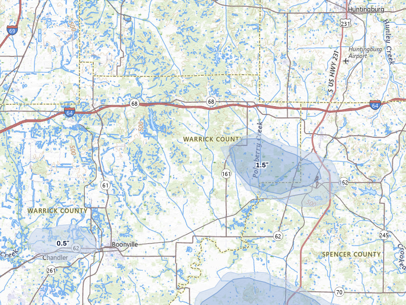 NEXRAD radar-signature map of the hail storm over Tennyson, IN on Jul 9, 2026