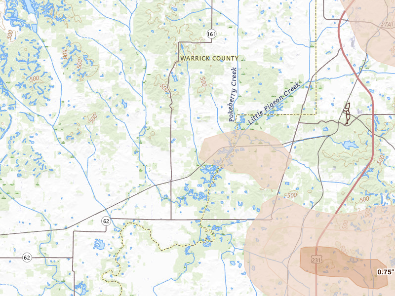 Radar-estimated hail-size map of the storm over Tennyson, IN on Aug 12, 2026