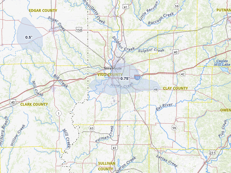 NEXRAD radar-signature map of the hail storm over Terre Haute, IN on Mar 3, 2026