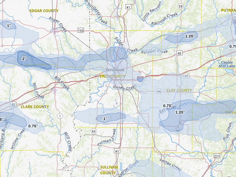NEXRAD radar-signature map of the hail storm over Terre Haute, IN on Mar 22, 2026