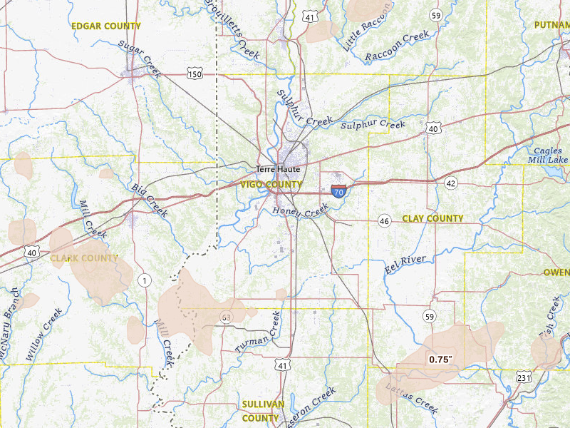 Radar-estimated hail-size map of the storm over Terre Haute, IN on Apr 27, 2026
