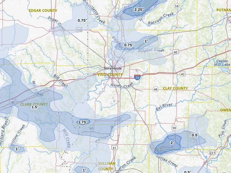 NEXRAD radar-signature map of the hail over Terre Haute, IN