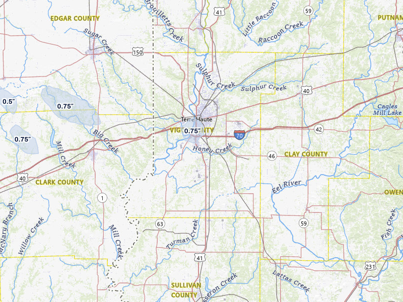 NEXRAD radar-signature map of the hail storm over Terre Haute, IN on May 3, 2026