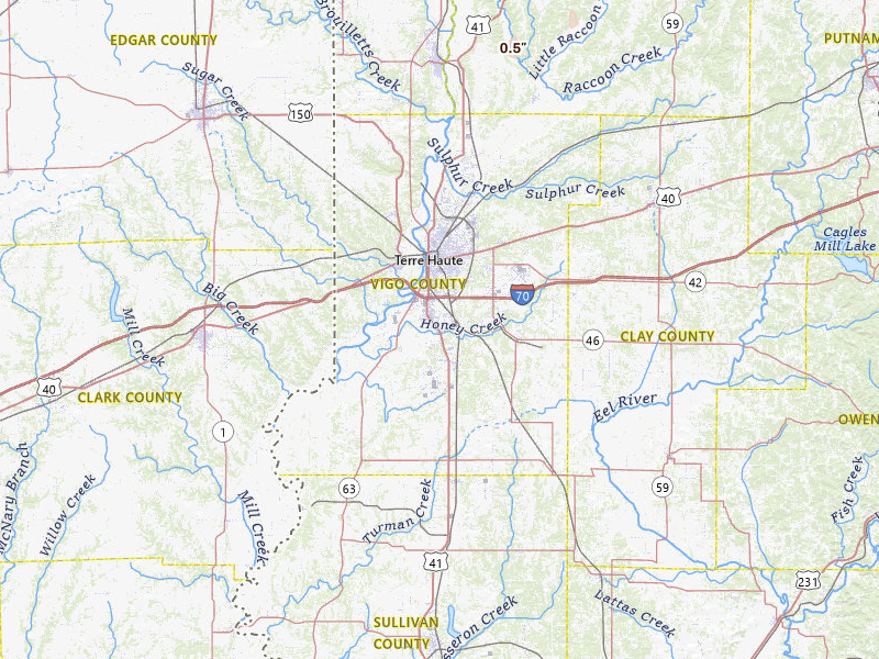 Radar-estimated hail-size map of the storm over Terre Haute, IN on May 4, 2026