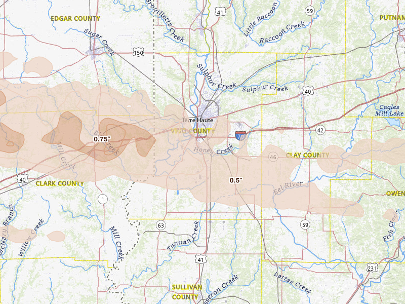 Radar-estimated hail-size map of the storm over Terre Haute, IN on Jun 17, 2026
