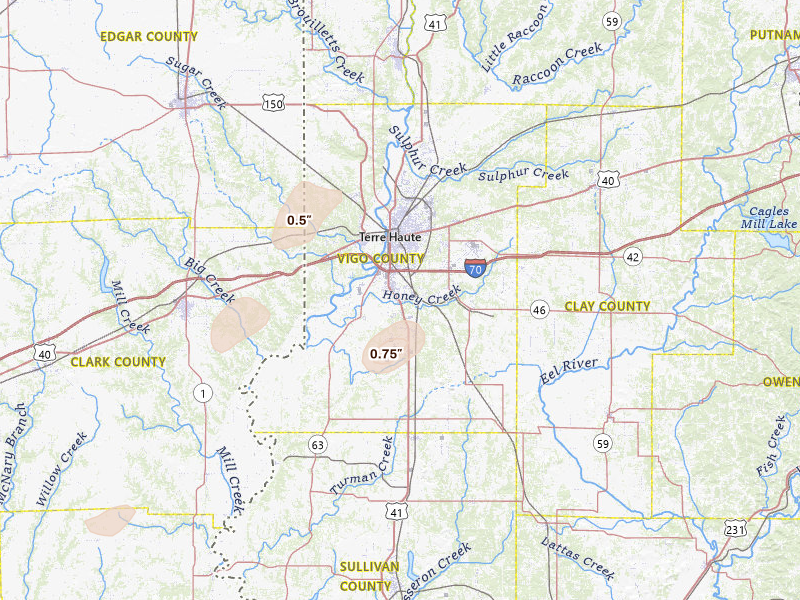 Radar-estimated hail-size map of the storm over Terre Haute, IN on Jul 4, 2026