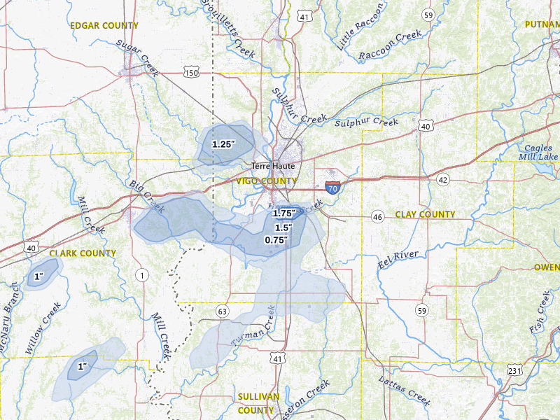 NEXRAD radar-signature map of the hail over Terre Haute, IN