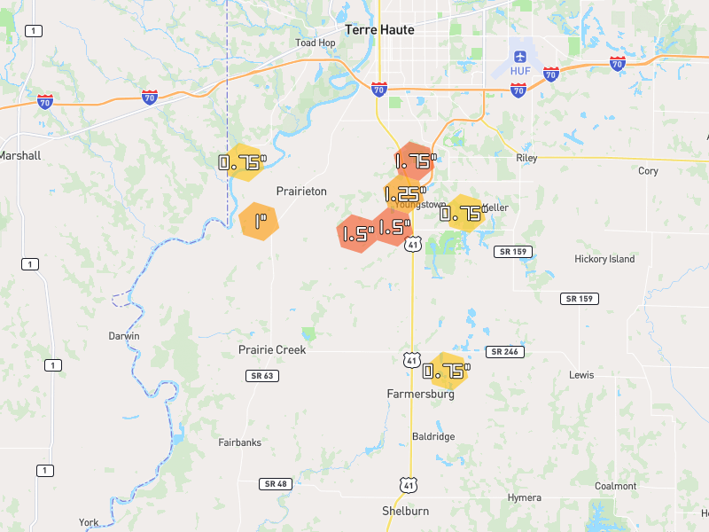 Hail map of Terre Haute, IN on Jul 4, 2026, hail up to 1.75"
