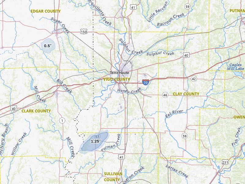 NEXRAD radar-signature map of the hail storm over Terre Haute, IN on Jul 9, 2026