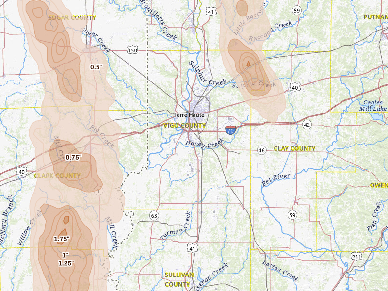 Radar-estimated hail-size map of the storm over Terre Haute, IN on Jul 27, 2026