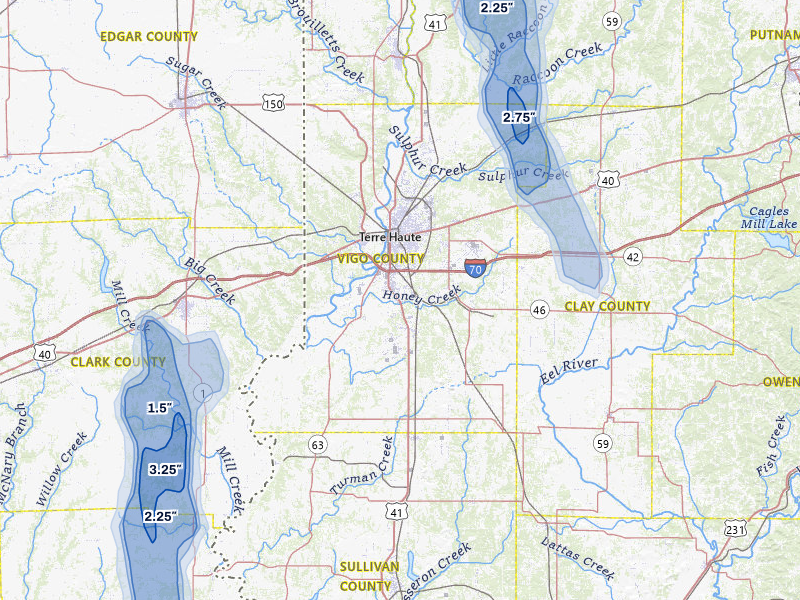 NEXRAD radar-signature map of the hail storm over Terre Haute, IN on Jul 27, 2026