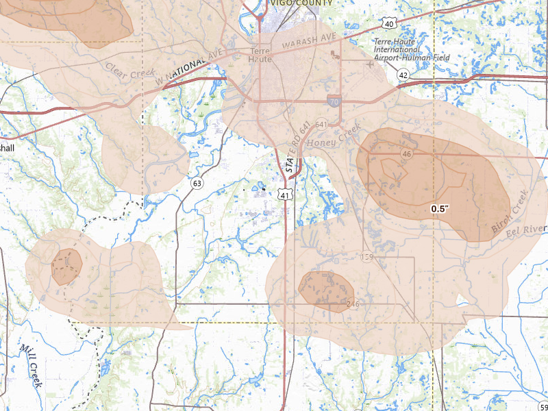 Radar-estimated hail-size map of the storm over Terre Haute, IN on Aug 11, 2026