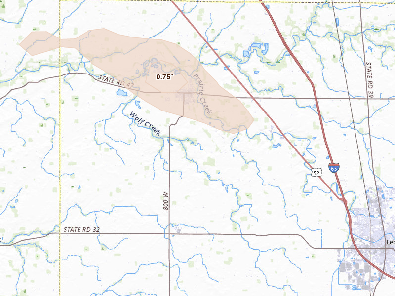 Radar-estimated hail-size map of the storm over Thorntown, IN on Jun 6, 2026
