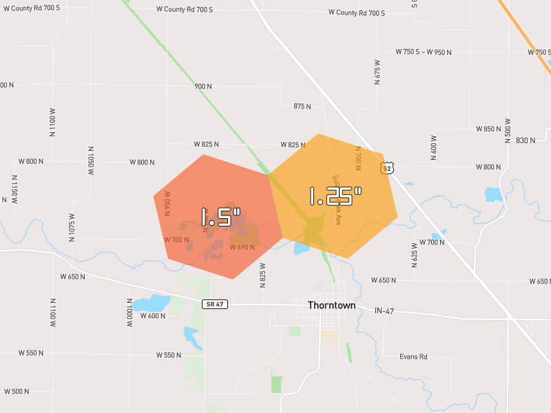 Hail map of Thorntown, IN on Jun 6, 2026, hail up to 1.5"