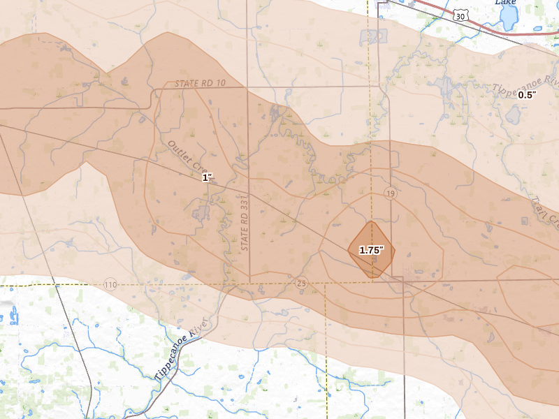 Radar-estimated hail-size map of the storm over Tippecanoe, IN on Mar 31, 2026