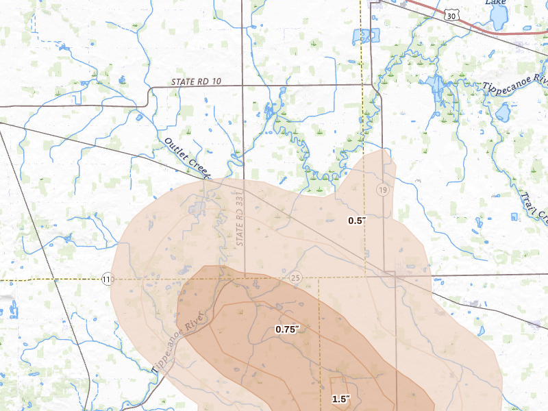 Radar-estimated hail-size map of the storm over Tippecanoe, IN on Apr 22, 2026