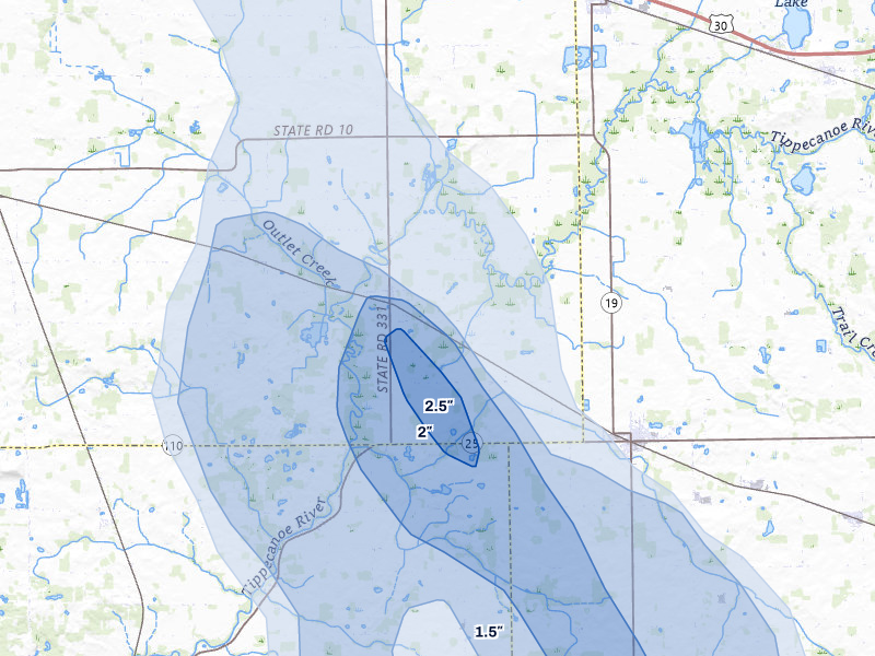 NEXRAD radar-signature map of the hail storm over Tippecanoe, IN on Apr 22, 2026