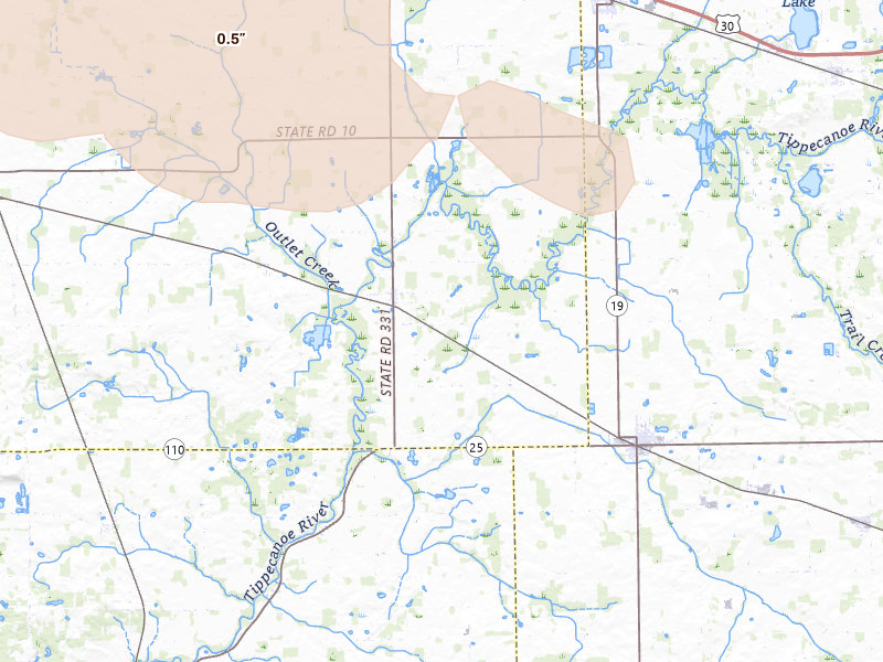 Radar-estimated hail-size map of the storm over Tippecanoe, IN on Aug 9, 2026