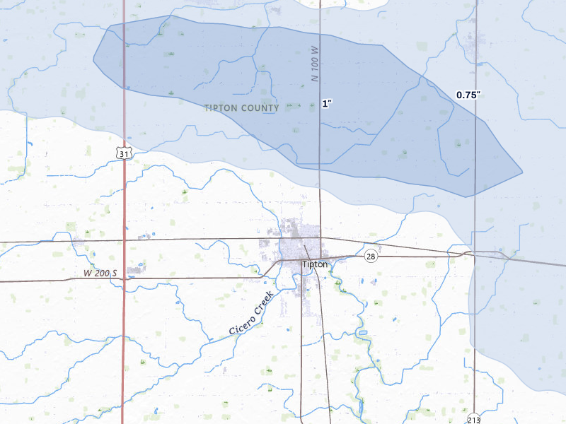 NEXRAD radar-signature map of the hail storm over Tipton, IN on Mar 22, 2026