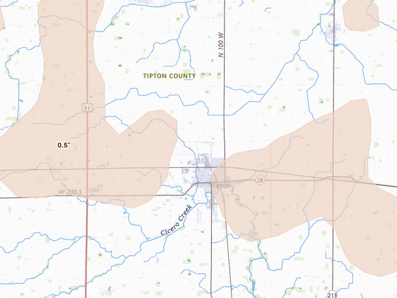 Radar-estimated hail-size map of the storm over Tipton, IN on Mar 26, 2026