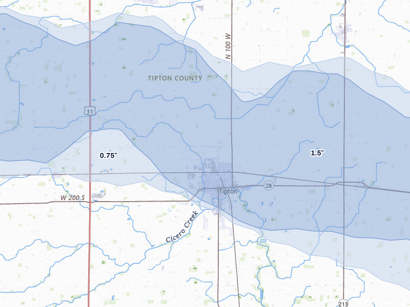 NEXRAD radar-signature map of the hail storm over Tipton, IN on Mar 26, 2026